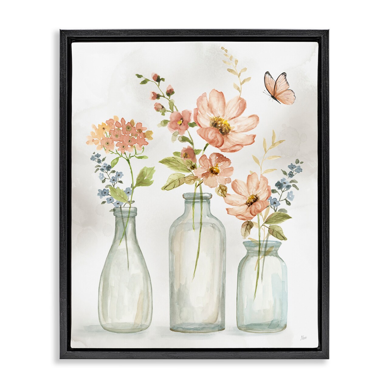 Stupell Industries Butterfly & Pink Florals Framed Floater Canvas Wall Art